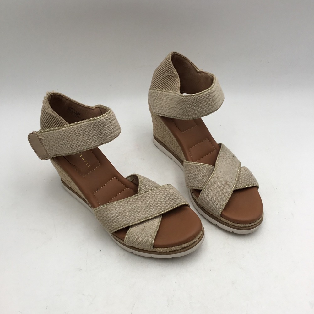 Kelly & Katie Gala Beige Espadrille Wedge Sandals Gold Trim 8.5M